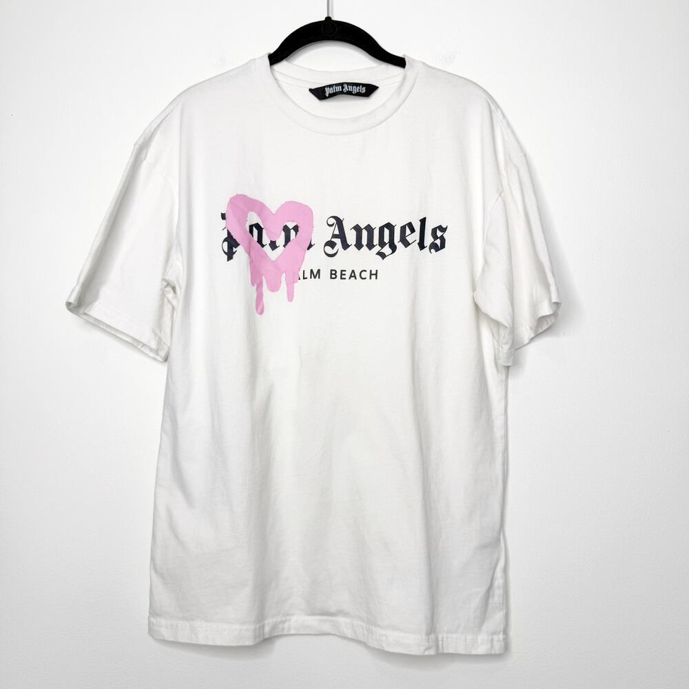 Palm Angels Pink Heart Palm Beach Logo Sprayed Tee White Graphic T Shirt Small